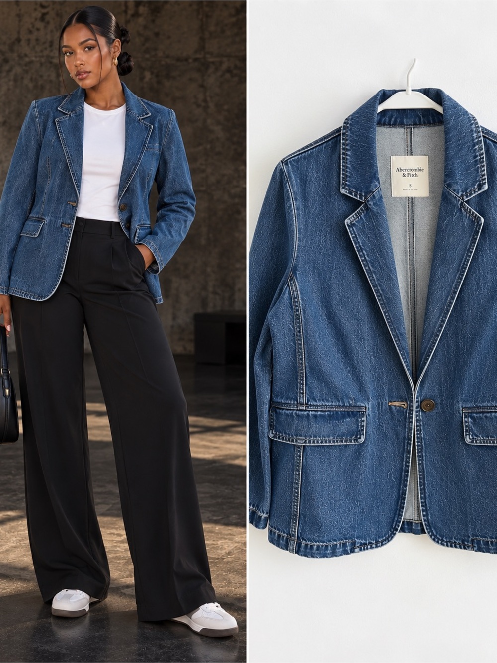Abercrombie & Fitch Women's Oversized Dark Blue Denim Blazer Jean Jacket